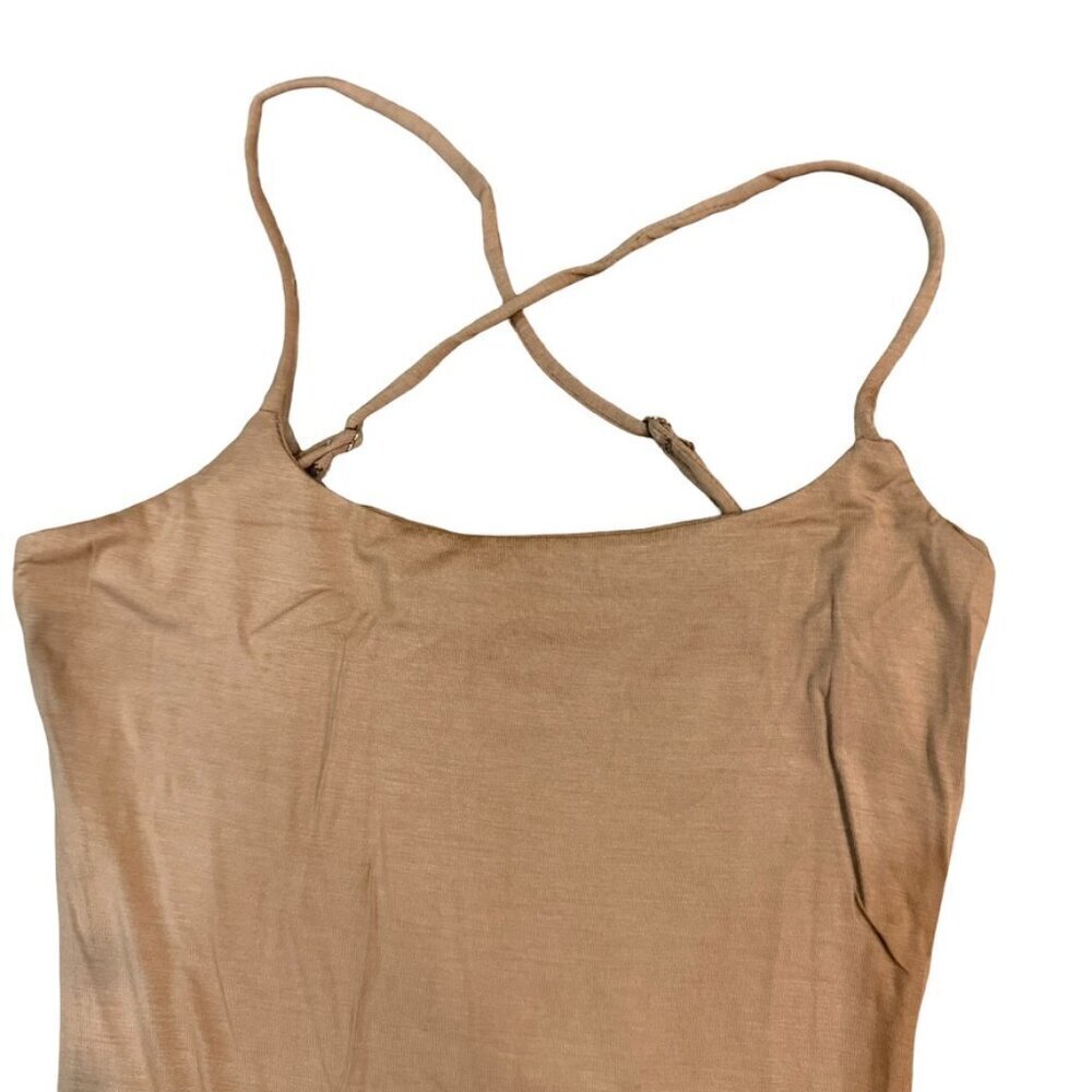 Tan Brown Cross Back Slip Dress Maxi Side Slit Adjustable Straps Womens Small - Picture 7 of 8